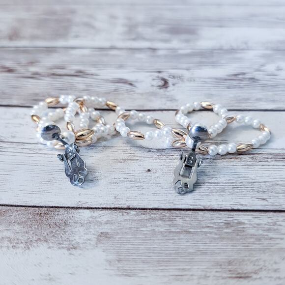 Vintage Clip On Earrings - Faux Pearl & Gold Tone Beaded Dangle - Picture 4 of 8